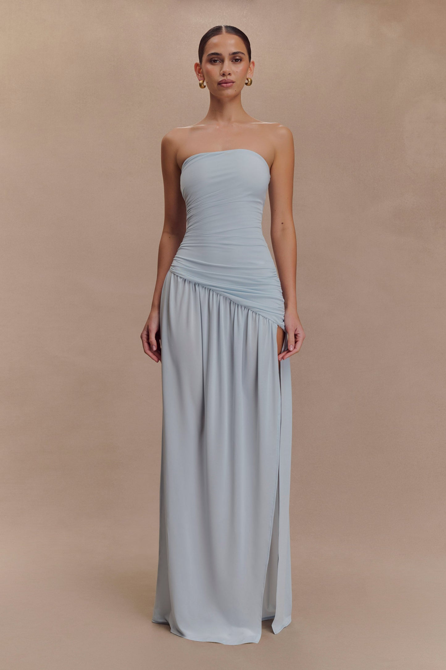 Robe Maxi Slinky Sans Bretelles Bex avec Fente - Bleu Clair