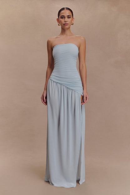 Robe Maxi Slinky Sans Bretelles Bex avec Fente - Bleu Clair