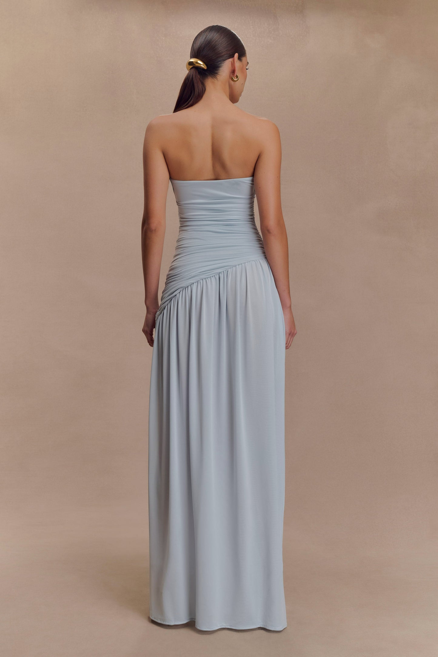 Robe Maxi Slinky Sans Bretelles Bex avec Fente - Bleu Clair