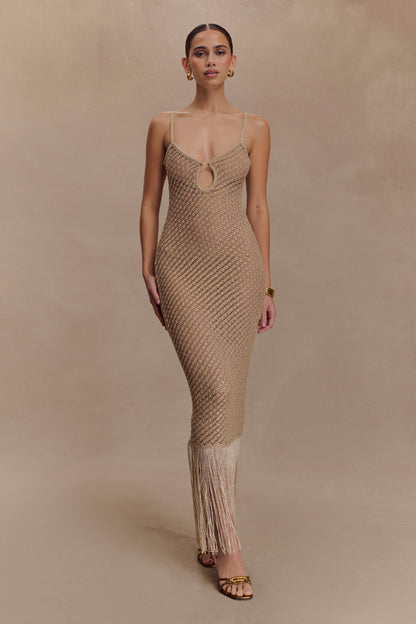 Robe midi en tricot métallisé à franges Raelynn - Or
