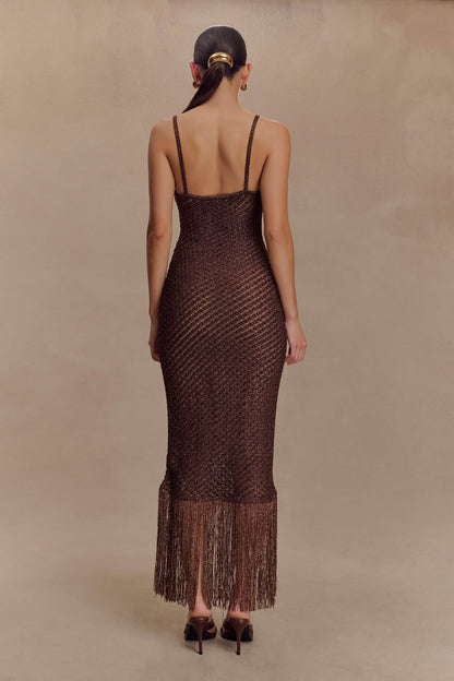 Robe mi-longue en tricot métallisé à franges Raelynn - Chocolat noir
