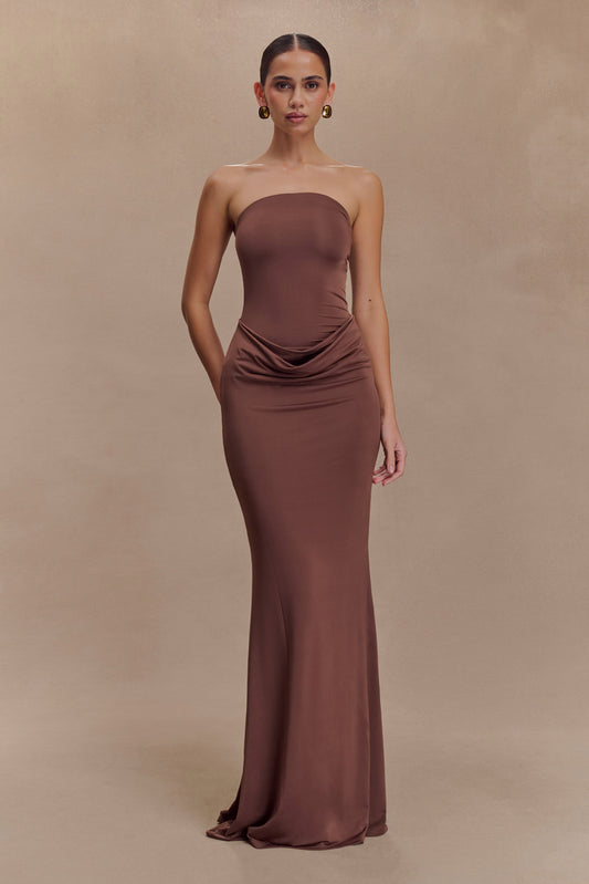 Robe Maxi Slinky sans Bretelles Madison - Chocolat