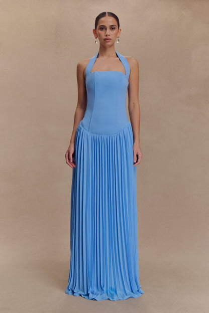 Robe Maxi Stacie à Plis et Emmanchures Croisées - Bleu Clair