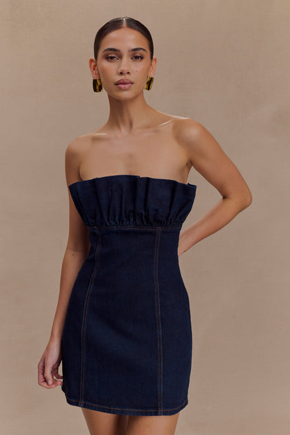 Mini-robe en jean à volants Raesha - Bleu indigo