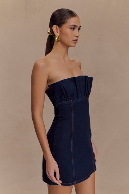 Mini-robe en jean à volants Raesha - Bleu indigo