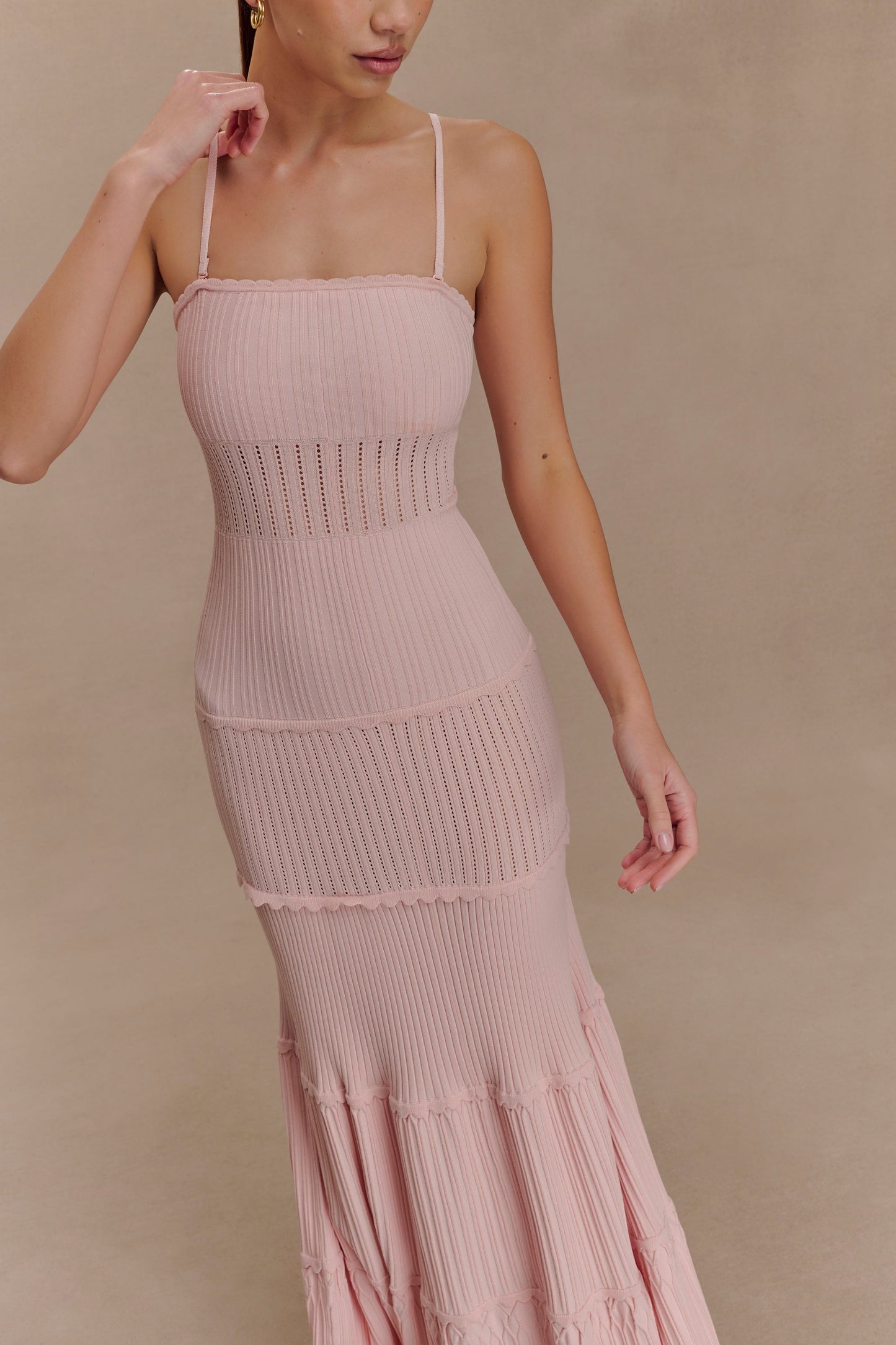 Robe Maxi en Tricot à Motifs Perforés Finley - Rose Poussière