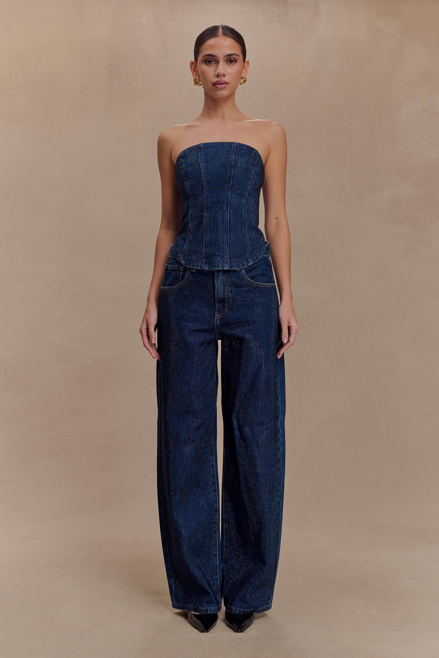 Jean en jean à taille mi-haute avec strass Laina - Bleu minuit