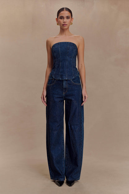 Jean en jean à taille mi-haute avec strass Laina - Bleu minuit