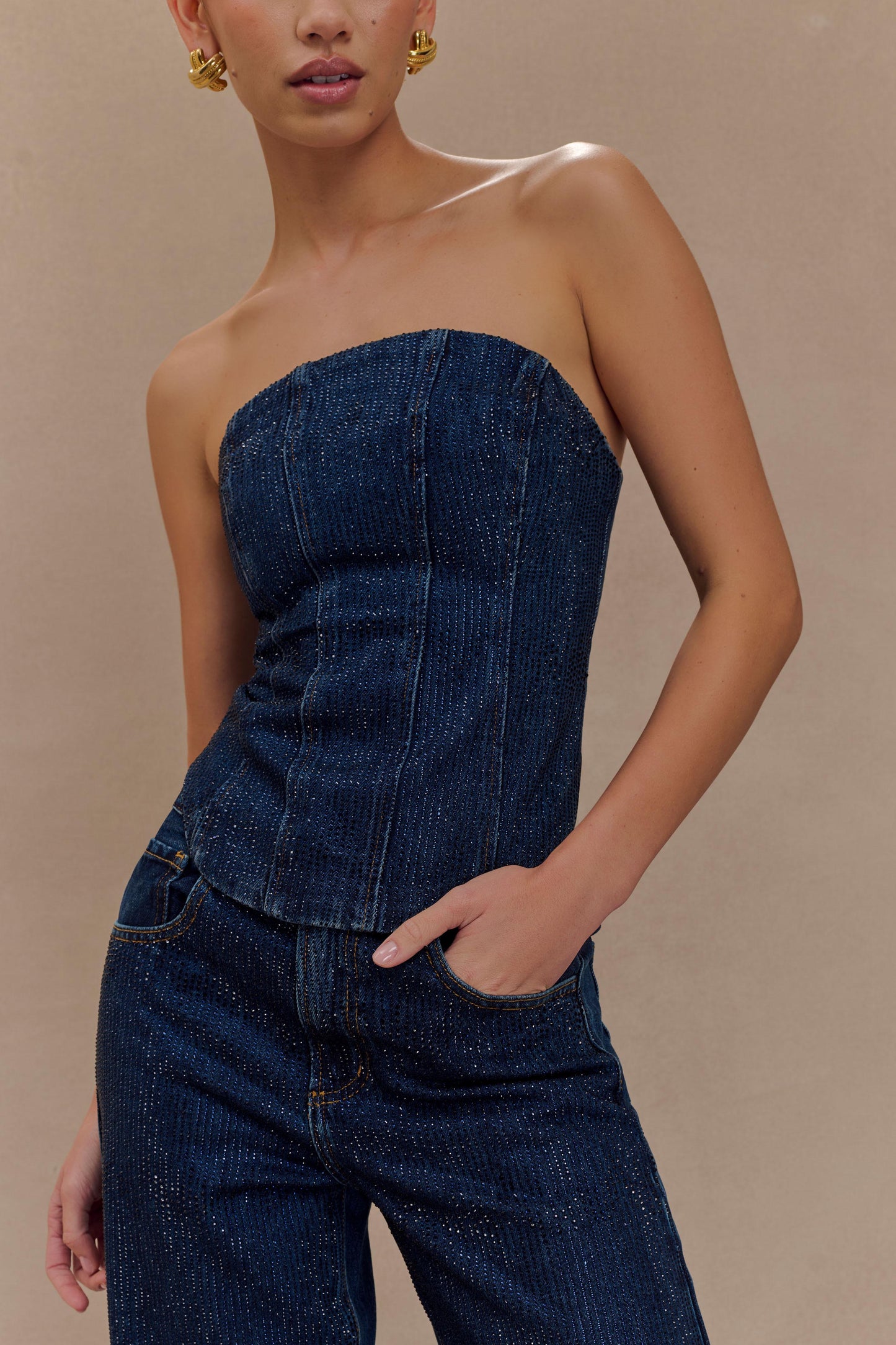Corset en jean sans bretelles Monte Diamante - Bleu minuit