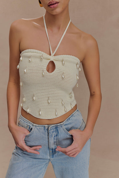 Halter en tricot perlé Aletta - Ivoire