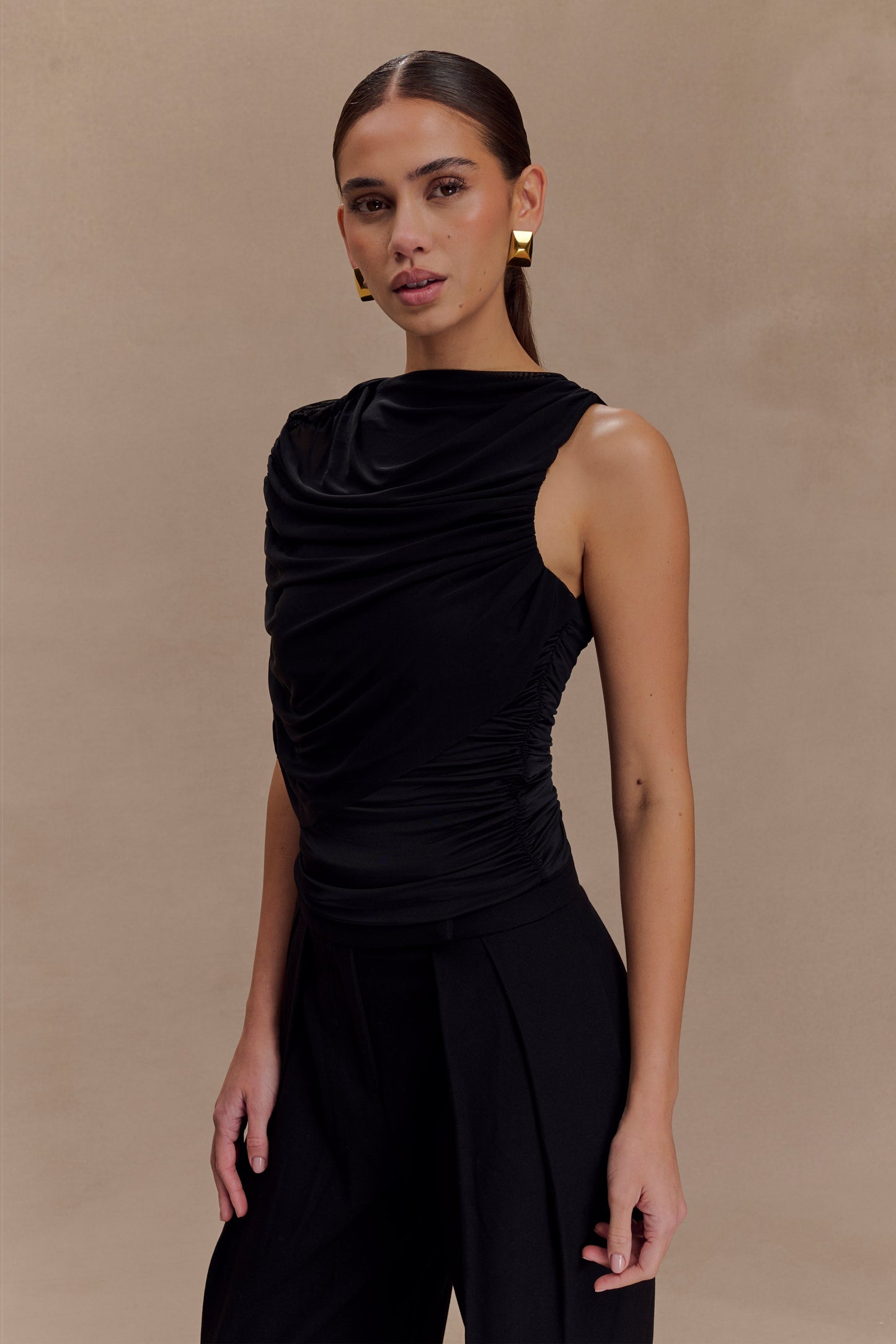 Top fluide et drapé Pruedance avec superposition en mesh - Noir