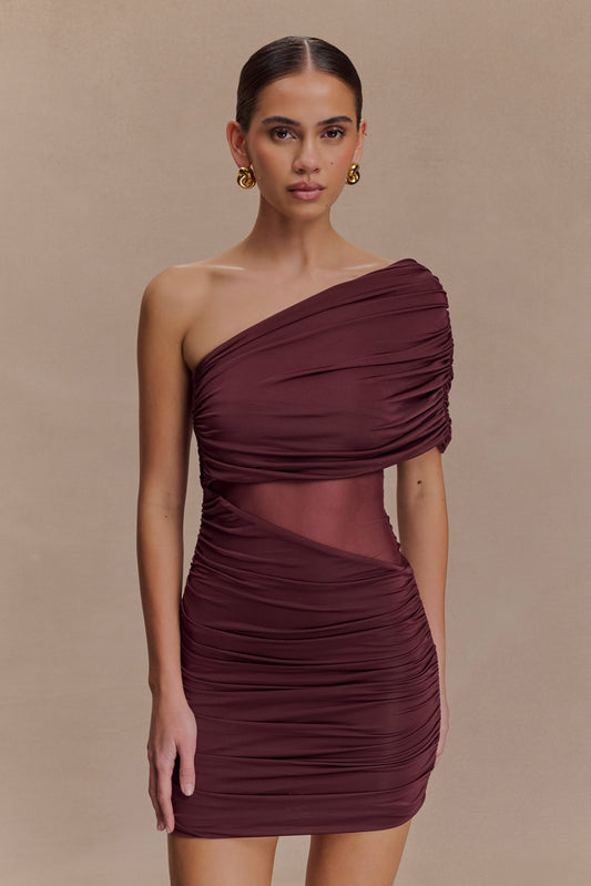 Mini-robe en maille à épaule dénudée Dallas - Brun-rouge