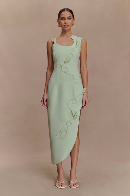 Robe midi brodée Virginia en tissu de costume - SAGE