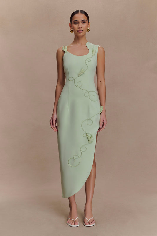 Robe midi brodée Virginia en tissu de costume - SAGE