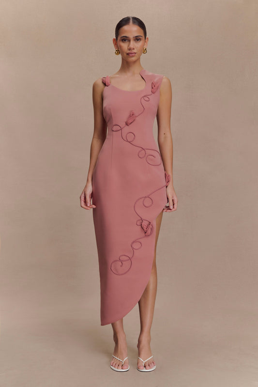 Robe midi brodée Virginia en tissu de costume - Rose brûlé