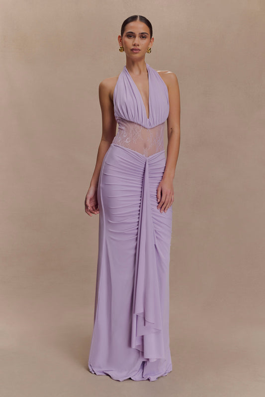 Bonnie Robe Maxi en Mousseline et Dentelle - Lilas