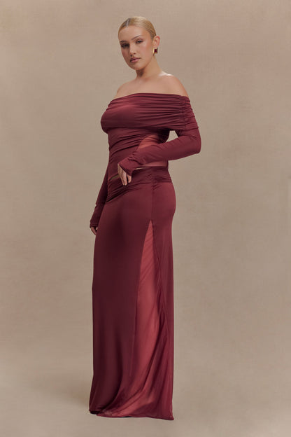 Jupe Maxi en Mousseline et Maille Judy - Vin Rouge