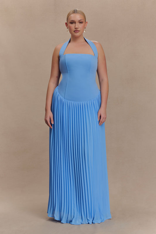 Robe Maxi Stacie à Plis et Emmanchures Croisées - Bleu Clair