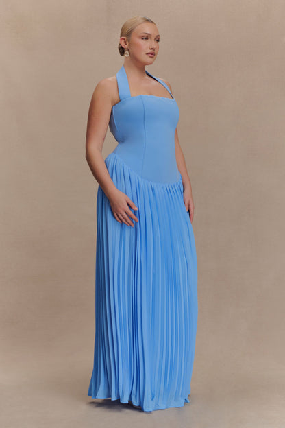 Robe Maxi Stacie à Plis et Emmanchures Croisées - Bleu Clair