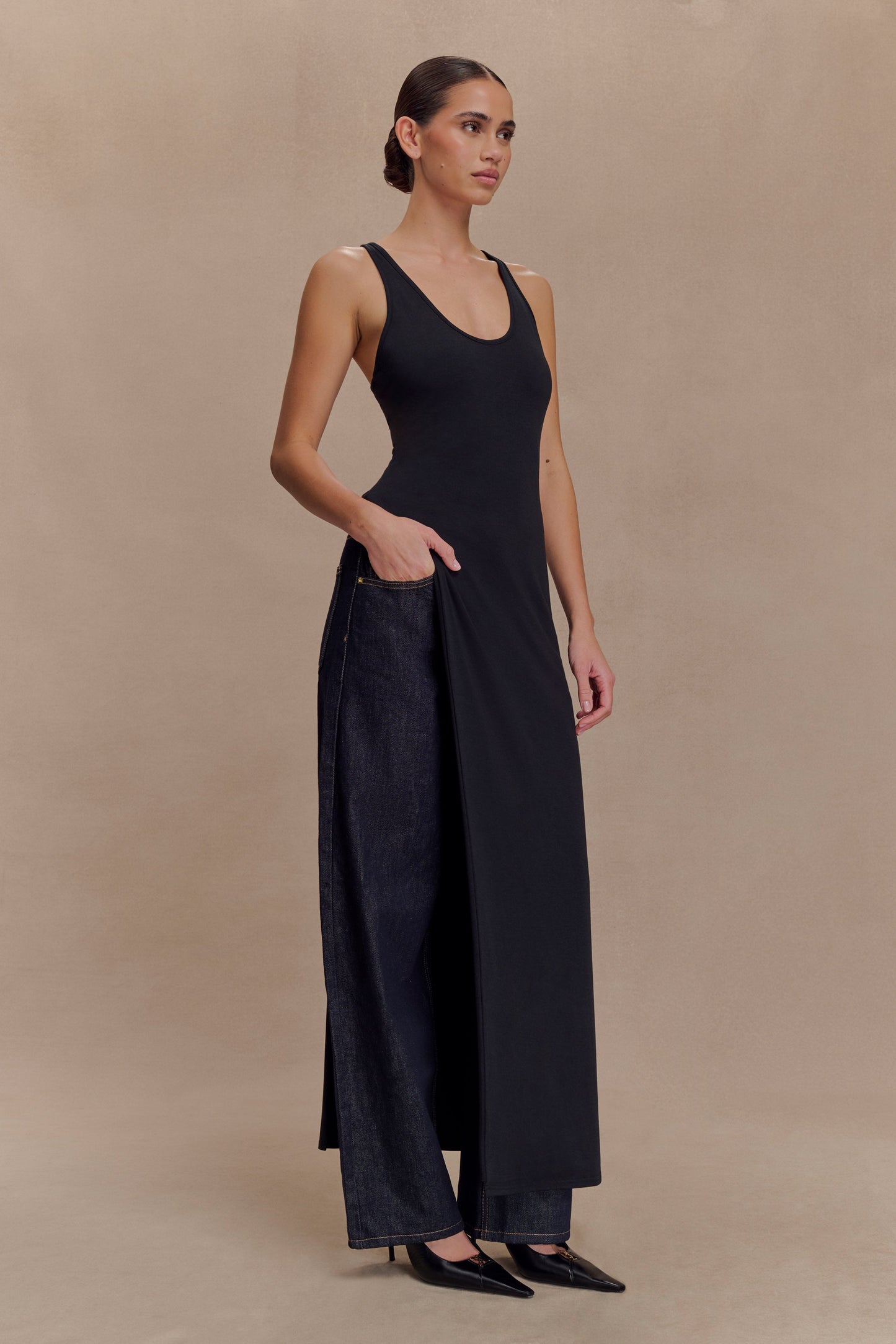 Haut Ellerie à dos nageur et longueur allongée - Noir