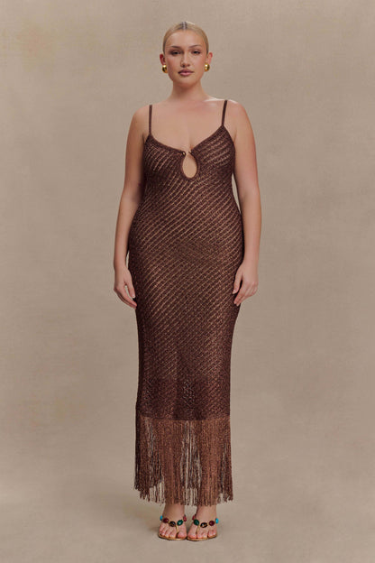 Robe mi-longue en tricot métallisé à franges Raelynn - Chocolat noir