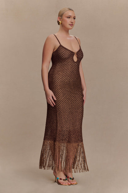 Robe mi-longue en tricot métallisé à franges Raelynn - Chocolat noir