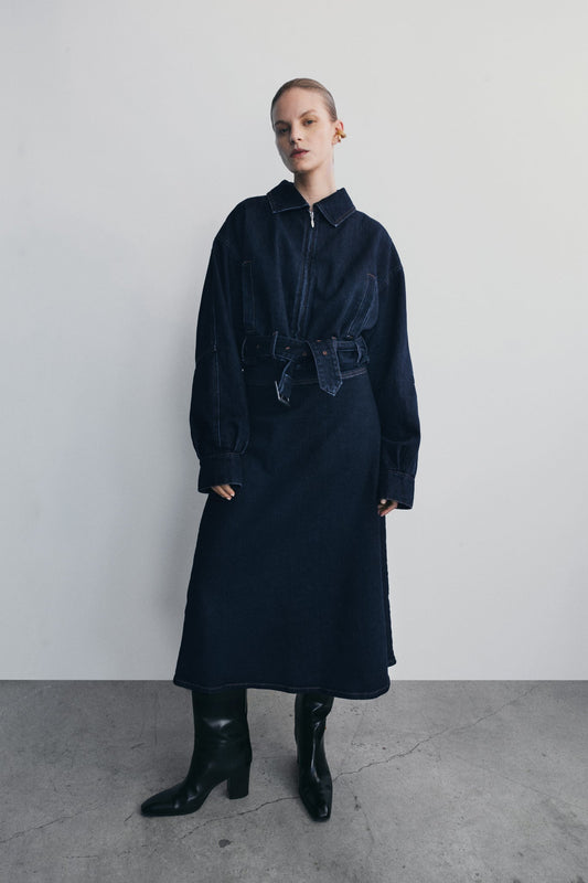 Jupe mi-longue trapèze en jean Cecilia - Bleu indigo