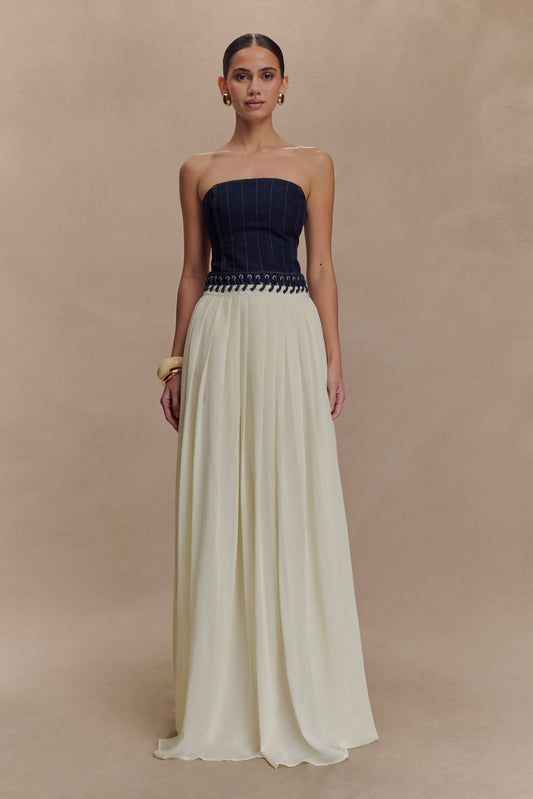 Robe maxi en jean et mousseline de soie Suella - Bleu indigo