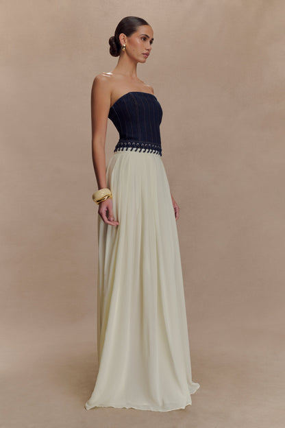 Robe maxi en jean et mousseline de soie Suella - Bleu indigo