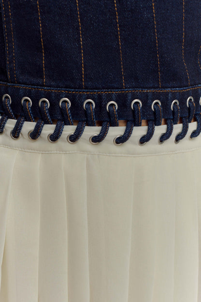 Robe maxi en jean et mousseline de soie Suella - Bleu indigo