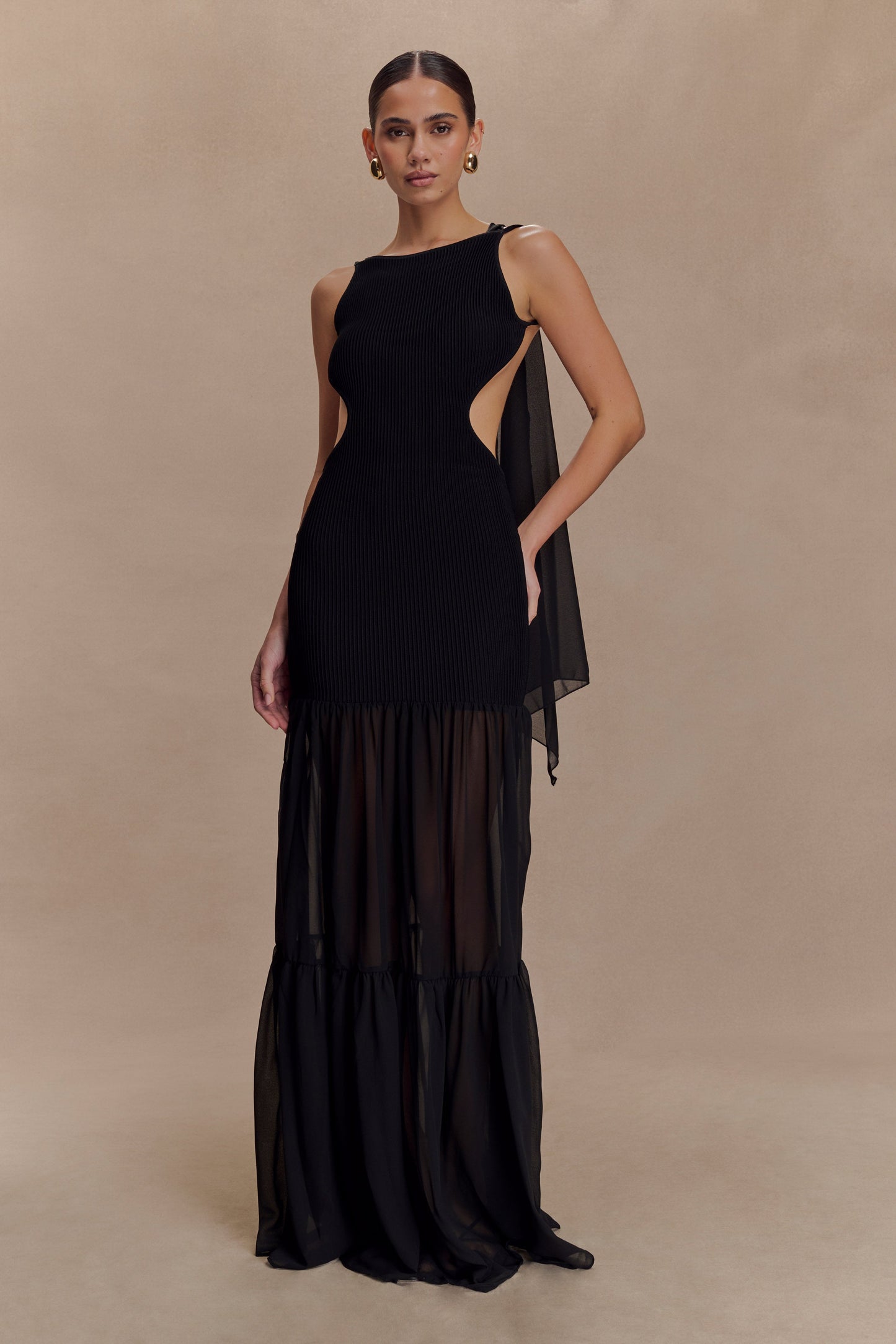 Haille Robe Maxi en Chiffon Tricoté - Noir