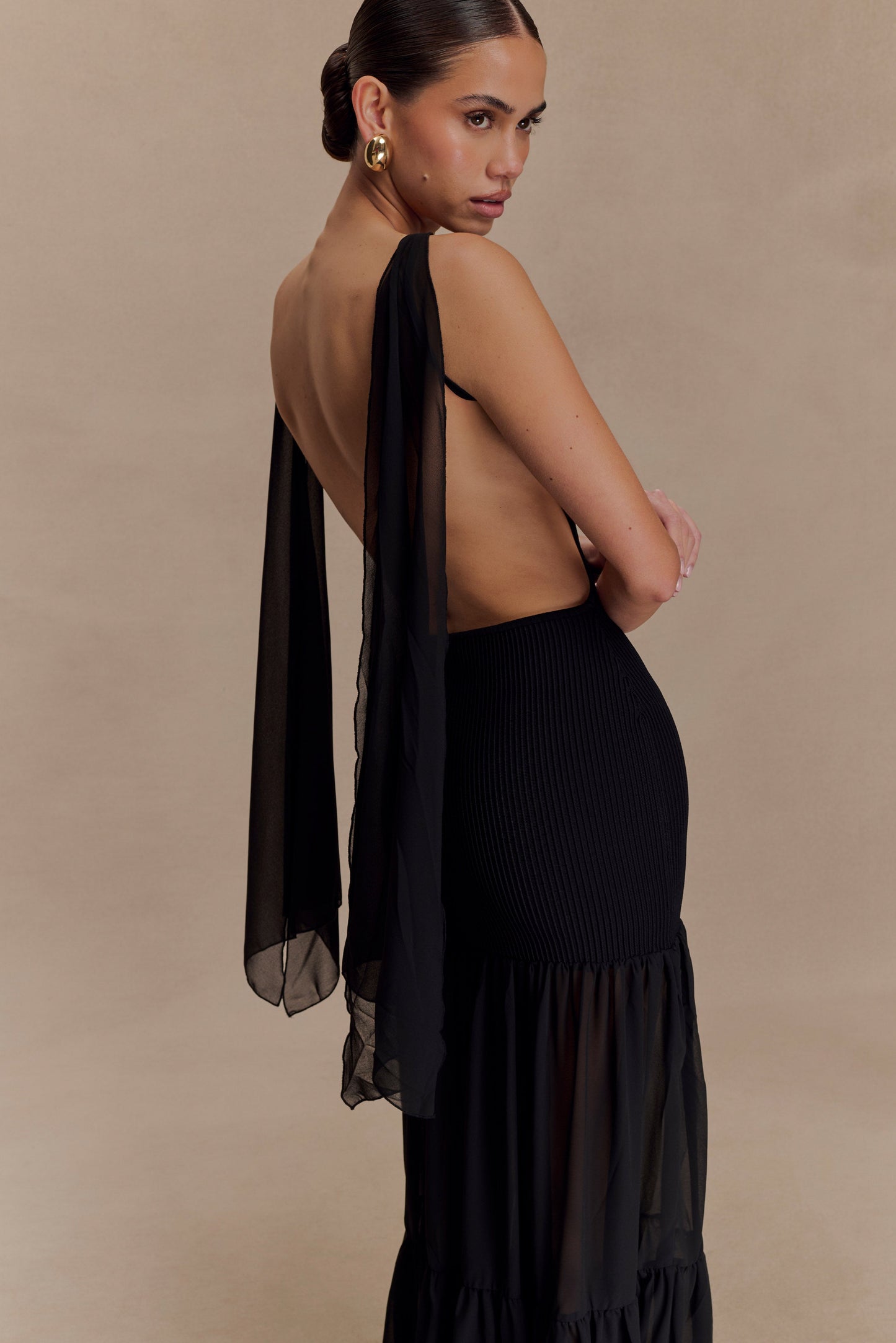 Haille Robe Maxi en Chiffon Tricoté - Noir