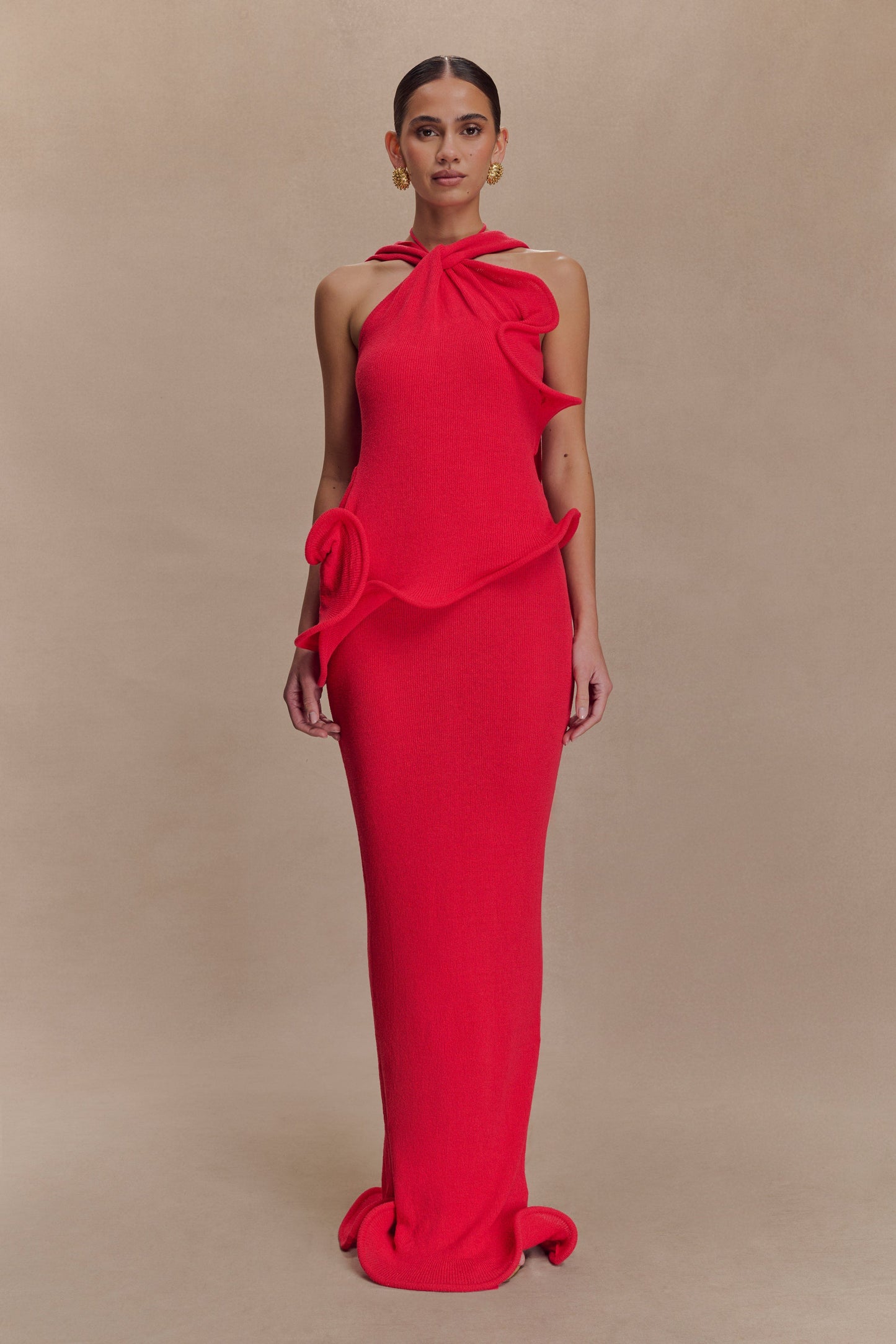 Robe Maxi Caprice en Tricot à Décolleté Croisé - Rouge