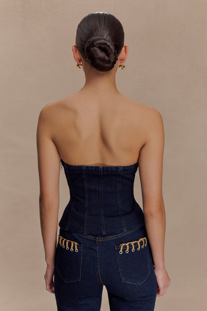 Top en jean sans bretelles à surpiqûres Tully - Bleu indigo