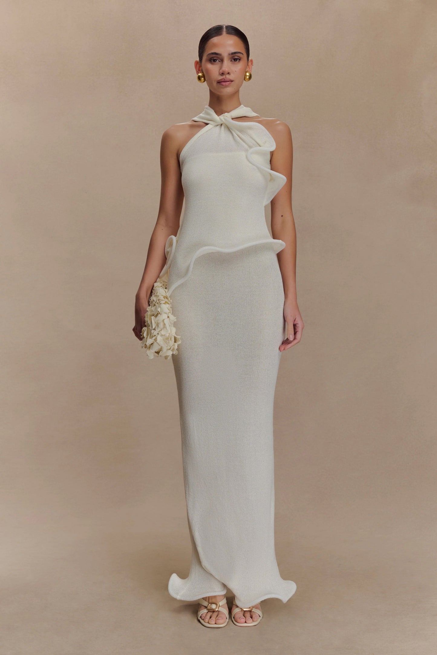 Robe Maxi Caprice en Tricot à Décolleté Halter - Blanc