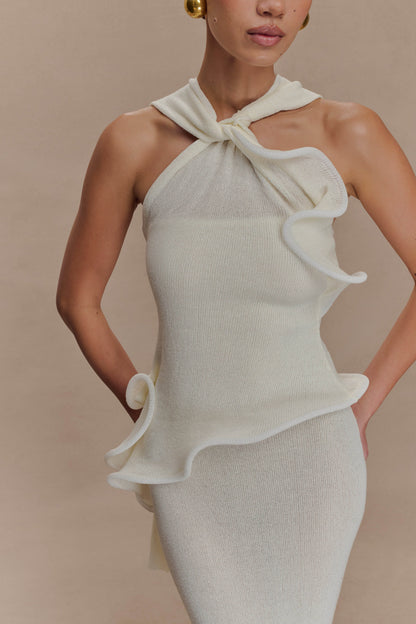 Robe Maxi Caprice en Tricot à Décolleté Halter - Blanc
