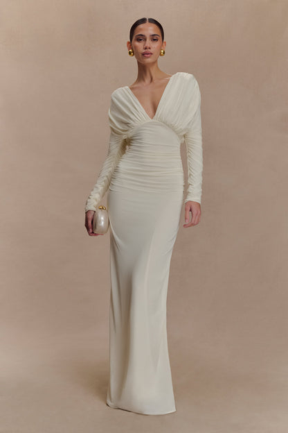 Robe longue maxi à manches longues et décolleté plongeant Hayden - Ivoire