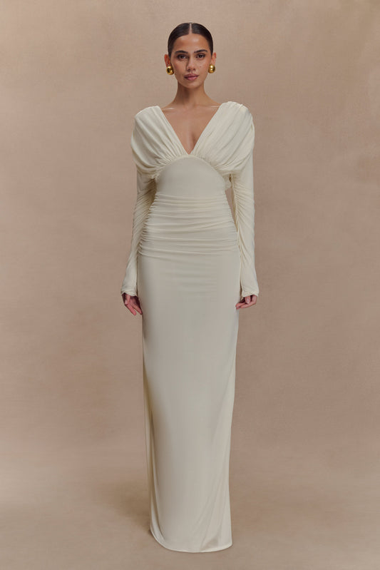 Robe longue maxi à manches longues et décolleté plongeant Hayden - Ivoire