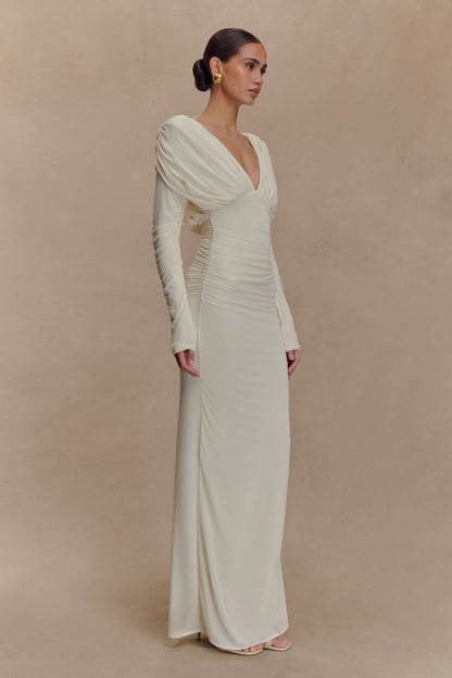 Robe longue maxi à manches longues et décolleté plongeant Hayden - Ivoire
