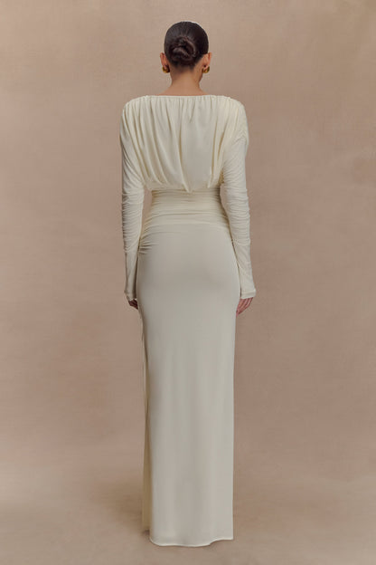 Robe longue maxi à manches longues et décolleté plongeant Hayden - Ivoire