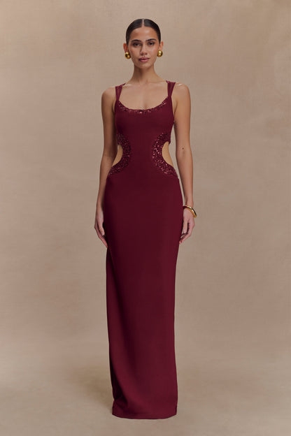 Robe Maxi en Crêpe Perlée Angelique - Vin Rouge