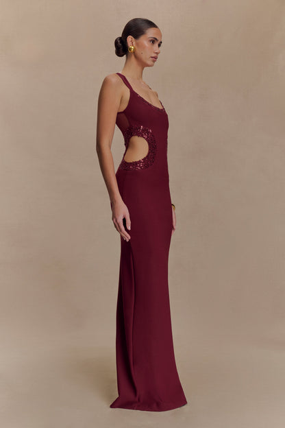 Robe Maxi en Crêpe Perlée Angelique - Vin Rouge