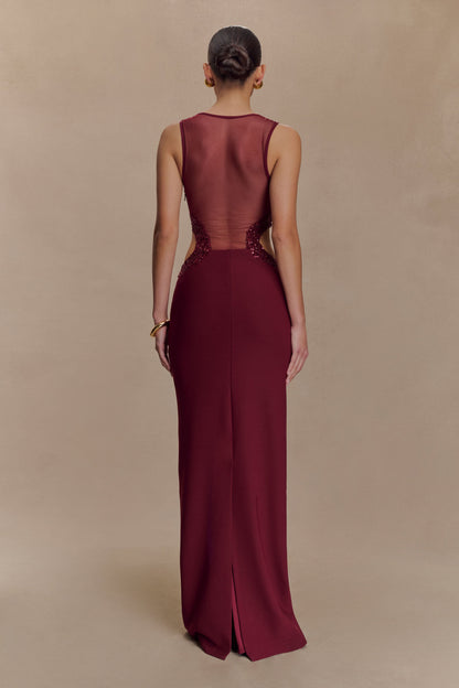 Robe Maxi en Crêpe Perlée Angelique - Vin Rouge
