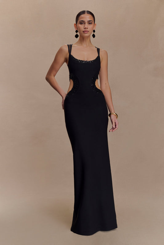 Robe Maxi en Crêpe Perlée Angelique - Noir