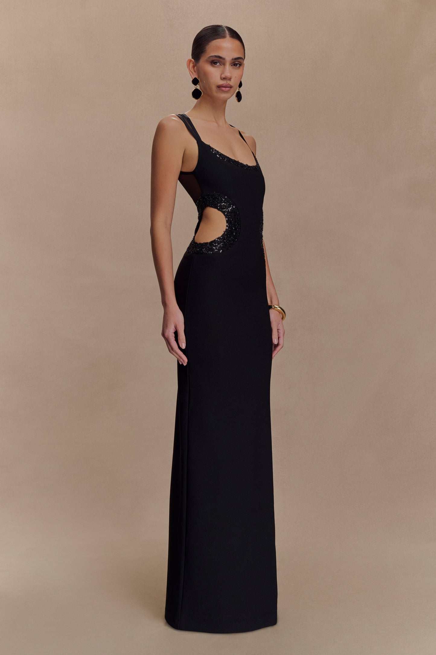 Robe Maxi en Crêpe Perlée Angelique - Noir