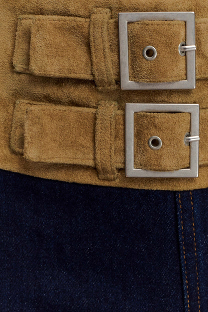 Jeans taille large en jean effet daim avec ceinture - Bleu indigo