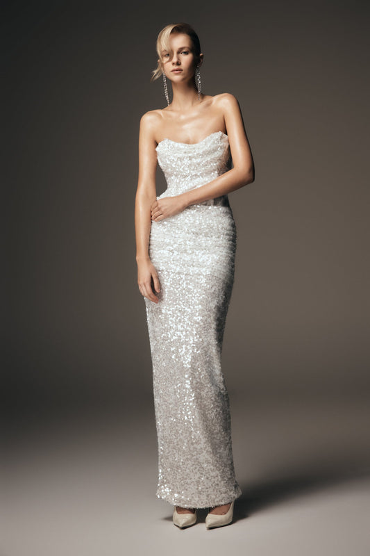 Robe Maxi Nala sans Bretelles à Paillettes - Ivoire