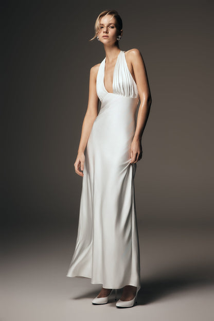 Alice Robe Maxi Satin à Décolleté Croisé - Blanc