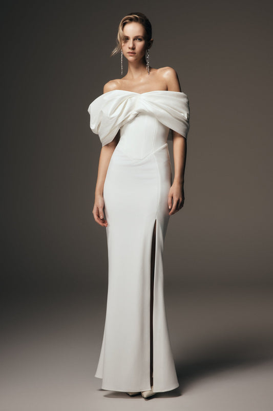 Robe en crêpe Aphrodite à épaules dénudées - Ivoire