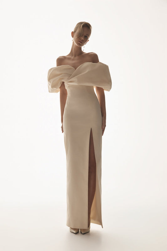 Robe de mariée Angelica en taffetas, épaules dénudées - Beige clair